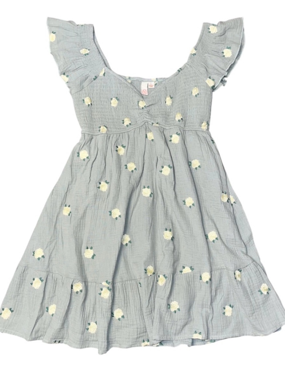 Evolutionary Apparel Green Threaded Floral Sun Dress NWOT Large Smocked Ruffle